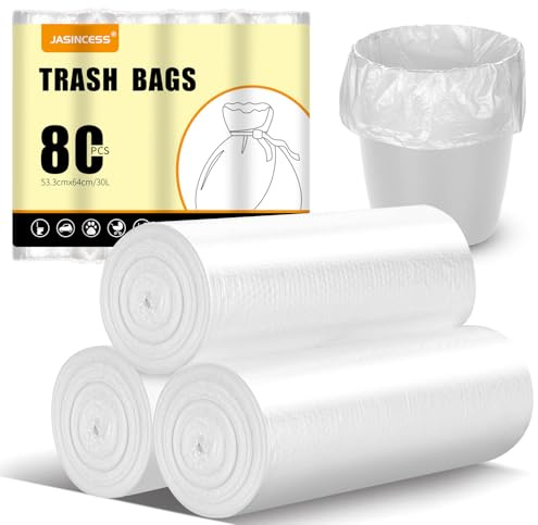 JASINCESS 30 Litre Bin Liners 80 small bin bags - Heavy-Duty Garbage Bags for Home, Office, and Kitchen Use (White-80)