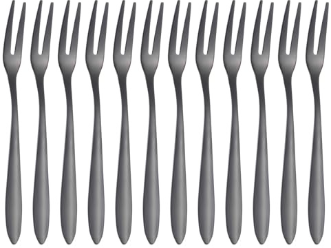 sourcing map Lot de 12 fourchettes à cornichons de 13 cm avec long manche, en acier inoxydable, fourchettes à cocktail à 2 dents pour dessert, cocktail, fruits et légumes, noir