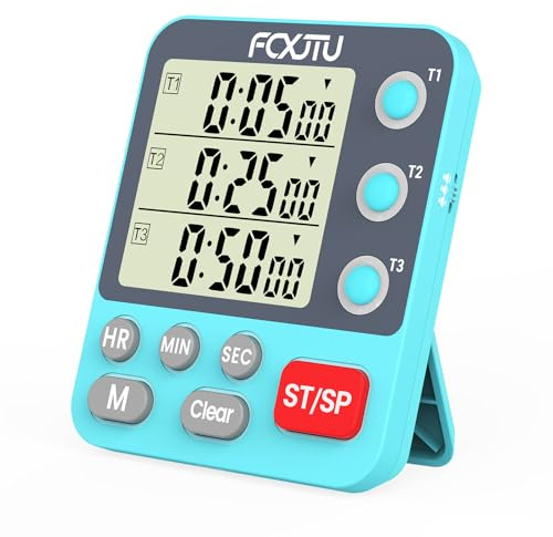 FCXJTU Digitaler Dual-Dreifach-Küchentimer, 3 Kanäle, Countdown, großes Display, Multi-Lebensmittel-Timer, Laute Lautstärke, Alarm, magnetisch, zum Kochen, Batterie im Lieferumfang enthalten, Blau