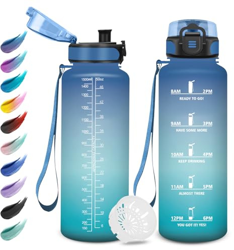 Sport Trinkflasche 1.5L, Auslaufsichere Wasserflasche mit Filter, Motivierende Trinkflasche mit Zeitmarkierung, Kohlensäure Geeignet, Sportflasche für Gym, Fitness, Fahhrad, Erwachsener, Wandern