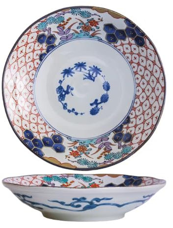 Starry Mart Bloom Minoyaki Somenishiki Koimari Japanese Deep Plate – Traditional Japanese Ceramic Dish, Ø20.5cm H4.5cm, Random Pattern, Ideal for Soup & Rice (Set of 1)