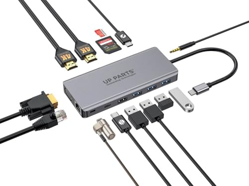 UP PARTS - Station d'accueil HUB USB-C, Universel 14 en 1 avec Verrouillage Kensington, HDMI 4K, VGA, USB 3.0, RJ45 Gigabit Ethernet, Audio 3.5 mm, Lecteur SD/TF, PD 100W (14 en 1)