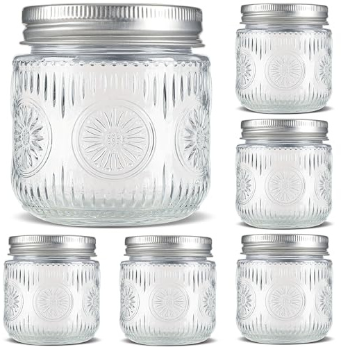 Qumuauu Mason Jars 8 oz - Vintage Small Glass Mason Jars with Silver Metal Lids, Regular Mouth Canning Jars, Safe For Storage, Canning, Pickling, Preserving, Fermenting, DIY Crafts & Decor (6Pack)