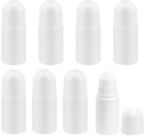 APOMOONS 8 stycken rulle på tom, 50 ml plastflaska, påfyllningsbar solskyddsflaska, roll-on för parfym, oljor, parfym, reseflaska, hudvårdsprodukter, vit