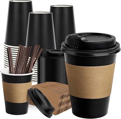 RACETOP Coffee Cups with Lids 12 oz 100 Pack, Black Disposable Coffee Cups with 100 Lids Sleeves and Stirring Sticks, To Go Hot Cups for Hot Drinks, Parties, Picnic, Travel, and Office