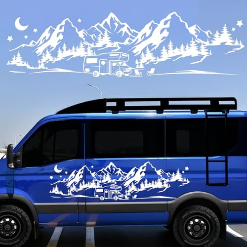 Auto Aufkleber Berg, Wohnmobil Aufkleber Camper Autoaufkleber, Car Sticker, Heckscheibenaufkleber Auto, Vinyl Wasserdicht Dekoration Aufklebers für SUV LKW Wohnwagen, Weiß, 100×28cm