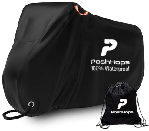 Poshhops Heavy duty Bike Cover for 1-2 Bikes, 600D Bike Covers for Outside Storage with Lock Holes, Bicycle Cover Waterproof Outdoor with Bike Storage Bag, Anti-UV, Windproof for Mountain & E-Bike