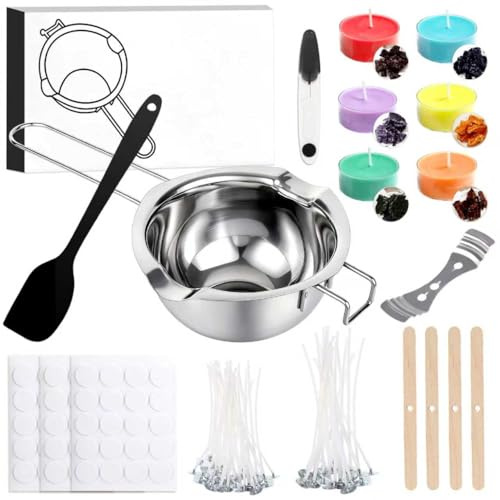 ePicsoa Kerzen Selber Machen Set, Enthalten Wachsschmelztopf 400ml, 50 Kerzendochte, 100 Kerzen Aufkleber, 5 Dochthalter, 6 Kerzenfarbe, Schwarzer Rührlöffel aus Silikon, für Erwachsene und Kinder