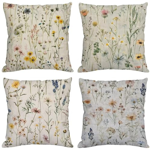 Set di 4 federe decorative per esterni, 60 x 60 cm, in velluto, resistenti alle intemperie, con cerniera invisibile, ideali per giardino, patio, divano e balcone, motivo con piante