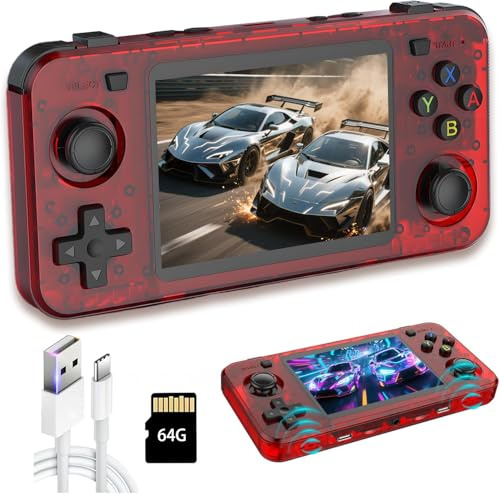 New R36H Retro Handheld Game Console, 3.5 IPS Screen Portable Video Game Console ,Built in 64G Card & 15000 Games,Open Source Linux System (Red,64g)