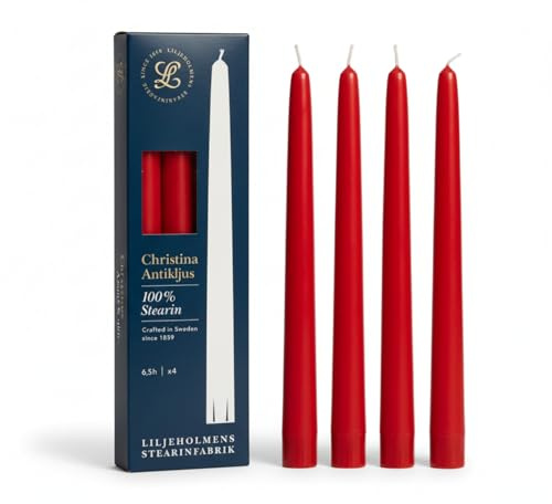 Liljeholmens Dinnerkerzen 4er Set Rot Ø 21 x 255 mm aus 100% Stearin | Tropffreie, rußarme Stabkerzen aus Schweden - RAL- & Nordic-Swan-zertifiziert für Tischdekoration und besondere Anlässe