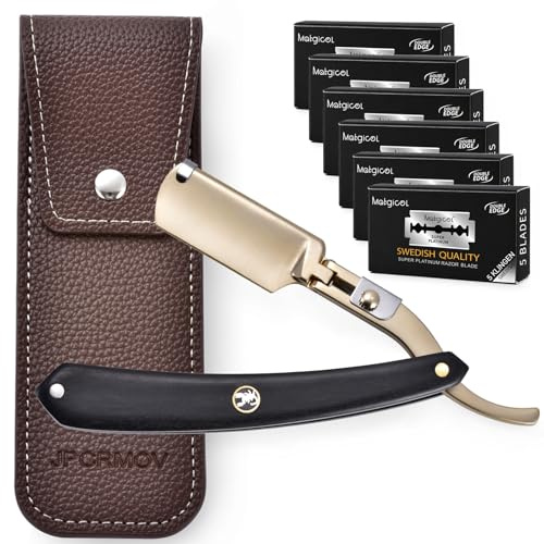 Klassisches Rasiermesser Herren mit Wechselklingen für Bart und Konturen - Manuelles Straight Razor mit 30 Edelstahl-Doppelklingen & Leder-Schutzhülle (Gold)