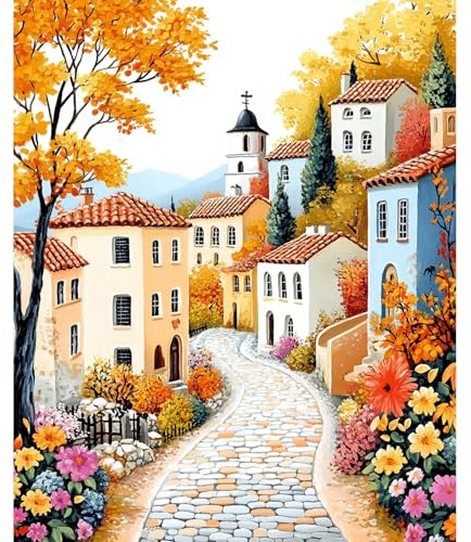 NEWENMO Hermoso Pueblo Pintar por Números Adultos Set Sin Marco 30x40cm | Coloridas Casas Pintura por Números, DIY Paint by Numbers, Kit de Pintura al Óleo para Decoración del Hogar y Regalo