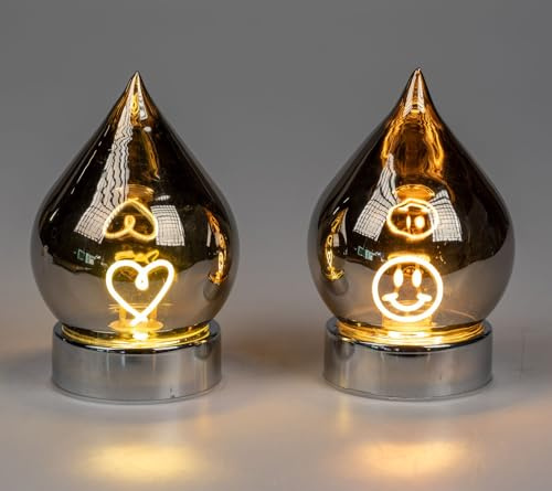 formano LED Decoration Set of 2 Light Drops with Smiley and Heart 15 cm Glass Drops Warm White Mood Light, Silver Mirror by Day, Battery Operated, Table & Windowsill Decoration