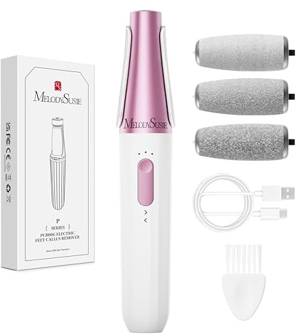 MelodySusie Foot Files for Hard Skins, PC800G Electric Callus Remover for Feet IPX7 Waterproof Rechargeable Pedicure Tool with LED Light & 3 Grits Roller Heads & Adjustable Speeds (Rose)