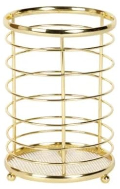 PNJB Gold Round Cutlery & Utensil Holder, Stainless Steel, Wire Basket Organizer, Multipurpose, Accessory Stand with Stable Base, Organizer for Kitchen, Dining & Countertop,17cm