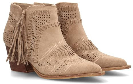 shoes&blues.es 100044 Botin de Mujer Estilo Cowboy Diseno Calado Decorativo Detalle Lateral de Flecos, Tacon Ancho, Punta Fina. Sin Cierre. Beige Talla 38