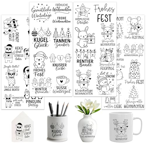 Dorsbaby Rub On Sticker 4 Stück Frohe Weihnachten Sprüche Transferaufkleber | Starke Haftung Kalt Aufreibetransfer UV Schutzschicht und Vielfältige Dekorative Designs für Scrapbooking Glas Karten
