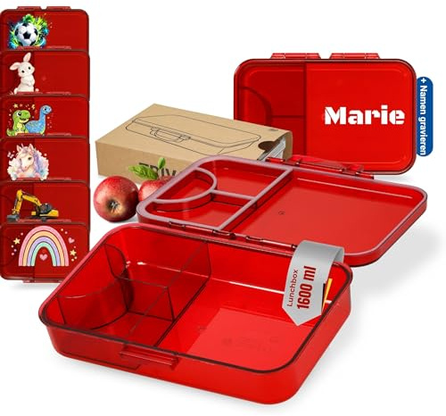 Personalisierte Lunchbox Tritan - Brotdose Kinder Fächern transparent-rot | bruchfest, spülmaschinenfest, Kindergarten Schule, Wunschgravur, Made in Germany, lebensmittelecht, Snackbox, Bento Box