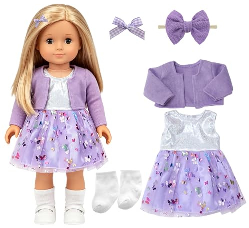 Puppenkleidungsset,5 Stück Lila Puppenkleidung für 36-43cm Mädchen Puppe,Puppezubehör Mantel Puppen Kleider Socken Schmetterling Stirnband Haarspange für 16-18 Zoll Baby Puppe,Geschenke für Kinder