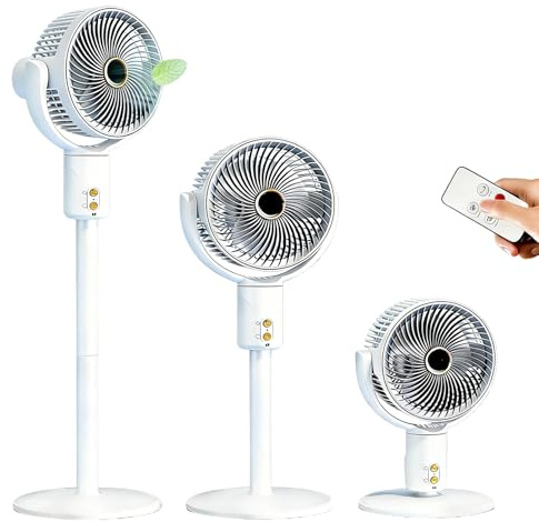 Ventilador de pie silencioso, 3 alturas regulables, 5 velocidades y orientación 360°, recargable, para usar en suelo o mesa, con mando a distancia
