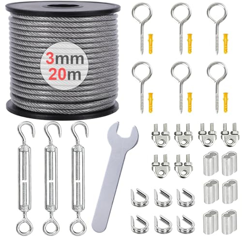 Cable de Acero Inoxidable 304 20m 3mm, Kit de Cable de Alambre Recubierto de PVC con Tensor M5 y Abrazadera, para Plantas Trepadoras, Enrejados, Tendederos, Cercas, Lámpara Colgante