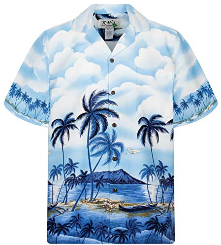 KY's Camicia hawaiana originale | da uomo | S – 8XL | manica corta | tasca frontale | stampa hawaiana | spiaggia palma | blu Blu L