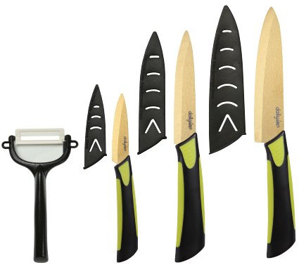 Dailycious ®, Lot de 4 Pièces Céramique TITANIUM lame Gold// Manche Bi-Color ABS Noir/Silicone Vert //1 Couteau chef 15cm +1 Couteau universel 12,5cm + 1 Couteau office 7,5cm + 1 éplucheur + fourreaux de protection