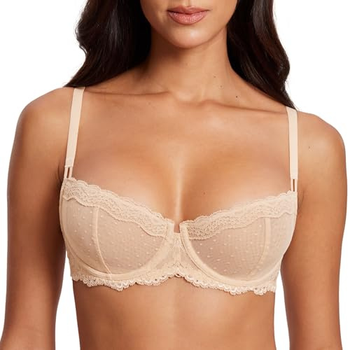 DOBREVA Women's Sheer Lace Bra Underwire Balconette Beige 38DD