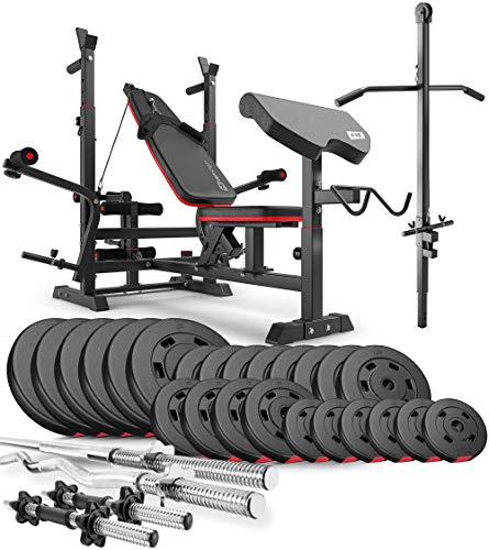 Hop-Sport - Hantelbank mit Latzug, multifunktionale Trainingsbank, verstellbare Schrägbank, inkl. Langhantelstange, SZ-Curlstange, Hantelset 75kg bis 173kg, max. Hantelbank Belastbarkeit 270 kg
