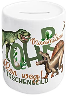 GRAZDesign Dino Spardose Sparbüchse Sparschwein, Taschengeld Spruch, Dinosaurier, Watercolor, Geschenk Geburtstag/Keramik