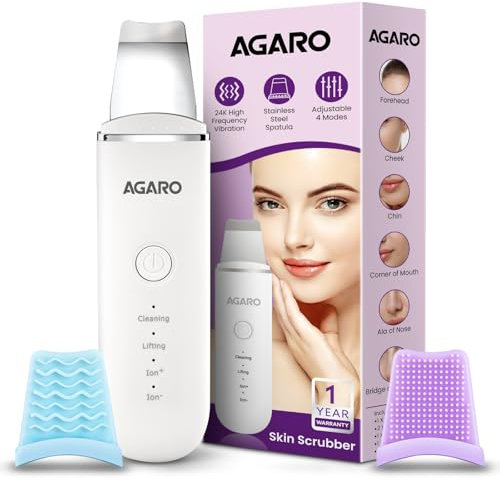 AGARO Ultrasonic Facial Skin Scrubber for Wet Skin, Blackheads Remover and Facial Pores Cleaner with 4 Modes, Facial Scrubber Stainless Steel Spatula Safe for skin, Come with Extractor for Facial Deep