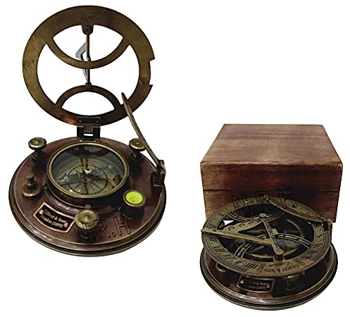 Klassischer Sonnenuhr-Kompass in Antik-Braun mit Holzbox, Gilbert & Sons London-Stil, Outdoor-Navigation, Richtungskompass aus Messing
