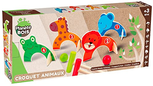 PLANÈTE BOIS Croquet Animali-FSC-053342-2-6 Giocatori-Multicolore-Legno-Giocattolo per Bambini-Gioco di Abilità e all'Aperto-76 cm x 14 cm-A Partire dai 3 Anni, 053342