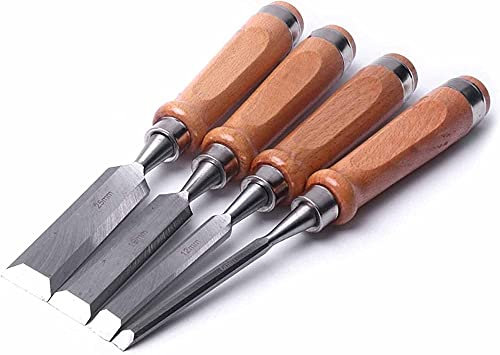 OITTo Ensemble de Ciseaux à Bois pour, burins en Acier au Chrome Vanadium Robustes poignées en hêtre 6/12/19/25mm Couteau à découper sur Bois graveur 4 pièces