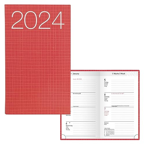 Idena 11032 - Agenda de poche 2024, Ladytimer Graphic rouge, 87 x 153 mm, 128 pages, semainier avec couverture souple