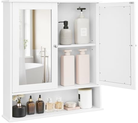 VASAGLE Bathroom Cabinet with Mirror, Wall Cabinet with 2 Mirrored Doors, Adjustable Shelf, Open Compartment, Wall-Mounted, 5.9 x 25.6 x 29.5 Inches, White ULHC012W01