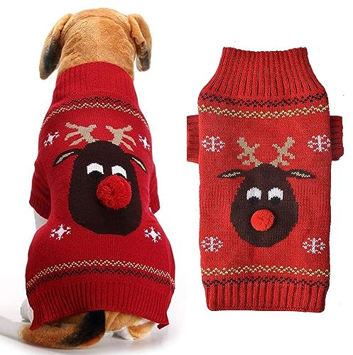 Hundtröja, jul, hund, polotröja, julmönster, stickade varor, varma sällskapsdjurströjor, vinter, hundkappa, tröja, husdjursdräkt (rött näskvig, M)