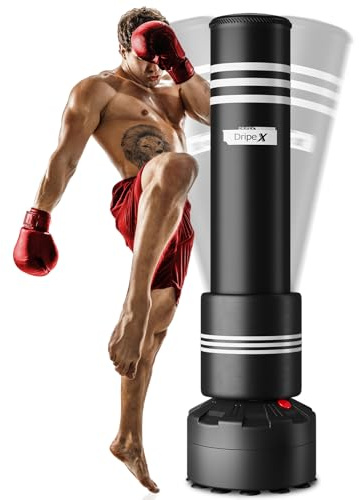 Dripex Sacco Boxe da Terra, 175cm Autoportante MMA con Base a 12 Potenti Ventose, Riempibile Sabbia 80 kg/Acqua 60 kg con Strato di Protezione in Schiuma