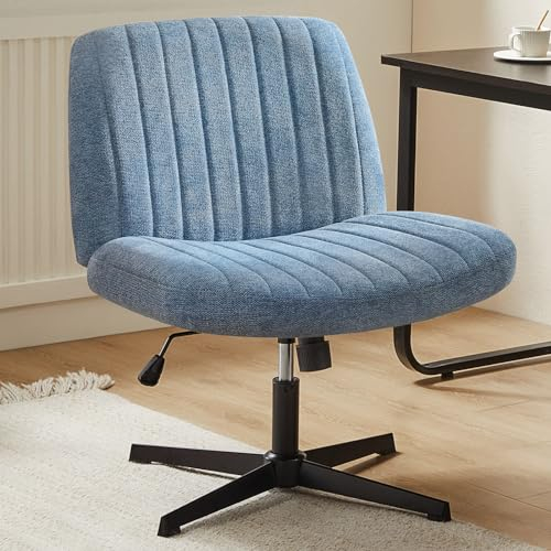 Sweetcrispy Criss Cross stol med ben, Armless Office Desk Chair No Wheels, Vanity stol roterbar, höjdjusterbar bred sits dator Task Chair, Fabric Vanity modern Home stol blå