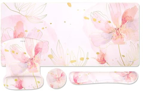 MOSISO Repose-Poignet Clavier Kit,Grand Tapis de Souris de Jeu&Tapis de Souris&Repose-Poignet&Sous-verre,Ergonomique Antidérapant à Pétales D'encre avec Doublure Silicone pour Bureau à Domicile,Rose