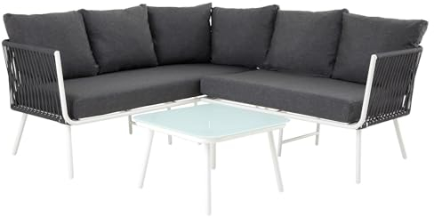 Gartenlounge JAKARTA, weiß/grau - Outdoor Ecksofa mit Dreisitzer, Zweisitzer und Beistelltisch, robustes Metallgestell, wasserabweisende Kissen, für Terrasse und Balkon, L-förmige Sitzlandschaft