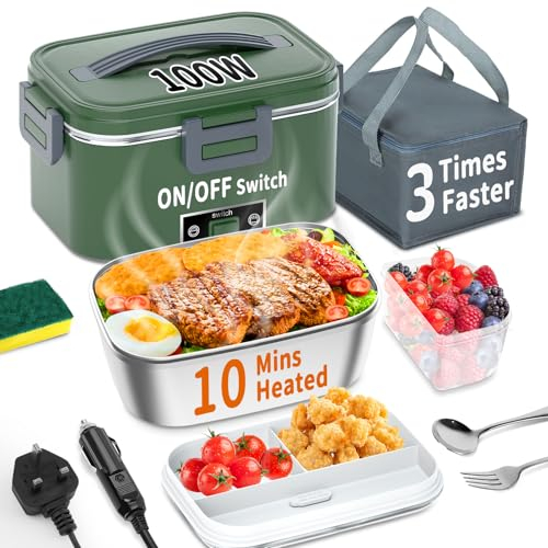 SOOOEC Contenitore per il pranzo elettrico 100 W, 3 in 1, contenitore per il pranzo riscaldato portatile, in acciaio inox, 12 V/24 V/220 V, contenitore termico isolato per auto, camion (Green, 1,8 L)