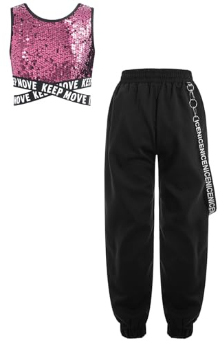 Miutii Hip Hop Jazz Street Dance - Conjunto de ropa para niña, con lentejuelas, sujetador deportivo y pantalones cargo para deporte, color rosa, 134-140, Color: rosa., 134-140