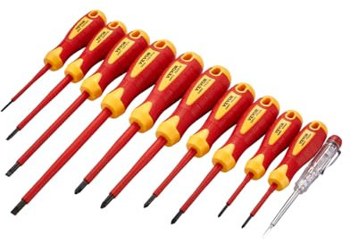 VEVOR Set di Cacciaviti Isolati 11 Pezzi, Set di Cacciaviti Elettrici 1000 V Set di Utensili per Elettricisti Isolati, Punte Magnetiche a Taglio Phillips e Pozi, Tester di Tensione, per Elettricisti
