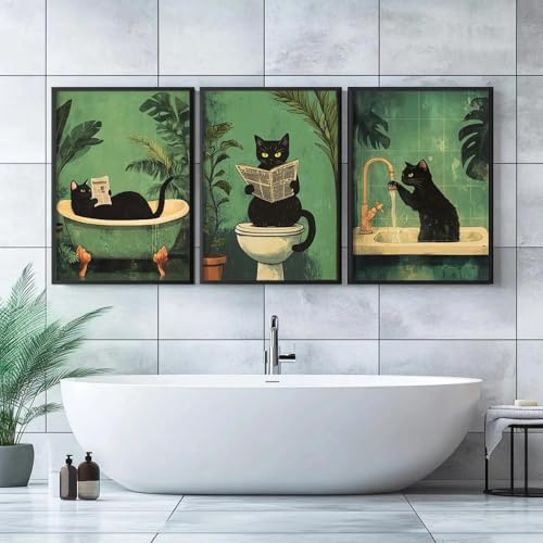 3er Set Leinwandbilder Poster Abstrakt Lustig Badezimmer Schwarz Katze Retro Tier WC Cafe Bar Grün Wand Kunst Drucke Geschenk Schlafzimmer Wohnzimmer Schlafsaal Galerie Korridor Dekor Bild, 30x40 CM (