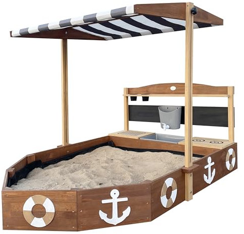 AXI Dora Sandkasten Boot/Schiff aus Holz | Sandkastenschiff in Anthrazit & Braun mit Spielküche, Kreidetafel und Zwei Pflanzkästen | Sandkastenboot | 160x100x110 cm.