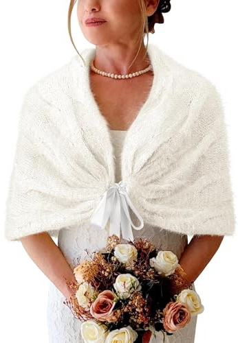 BB&KK Women Knitted Shawls Dressy Shoulder Wraps Winter Wedding Stole Bridal Bolero Scarf Wrap Warm Cover Up White XL