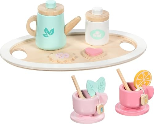 goki 51452 Teeservice „Bunte Teestunde“ – 13-teiliges Holz-Teeset mit Tablett, Kanne, Tassen, Untertassen, Löffel, Kekse, Zitrone, Minzblatt & Tablett, für Puppenküche & Kaufmannsladen