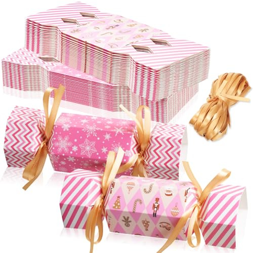 Xinnun 50 Packs Christmas Cracker Kit No Snap Xmas Party Table Favors Snowflake Reindeer DIY Christmas Party Cracker Candy Boxes for Holiday Dinner Decoration Gift(Pink Style)